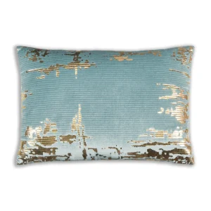 Cloud9d Asra – Oblong Teal Velvet Pillow W/ Quilting And Shiny Gold Foil Print – 20″ X 14″ PILLOWS, RUGS, & THROWS