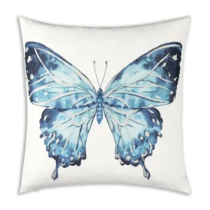 Cloud9d Ella – Digital Outdoor Printed Fabric Pillow In Blue Butterfly Print W/ Rose Gold Metallic Print – 18″ X 18″ PILLOWS, RUGS, & THROWS