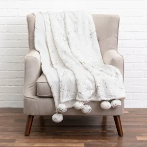 Cloud9d Rami – Faux Fur Throw W/ Silver Metallic Printing And Pom Pom Trim – 60″ X 50″