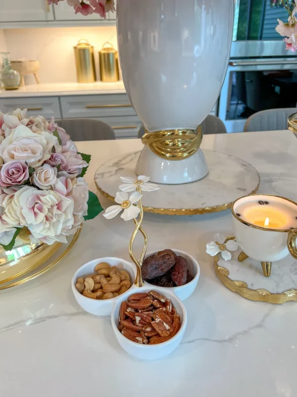 Inspire Me! Home Decor 3 Section Porcelain Dish With White Jeweled Flower Details Gold