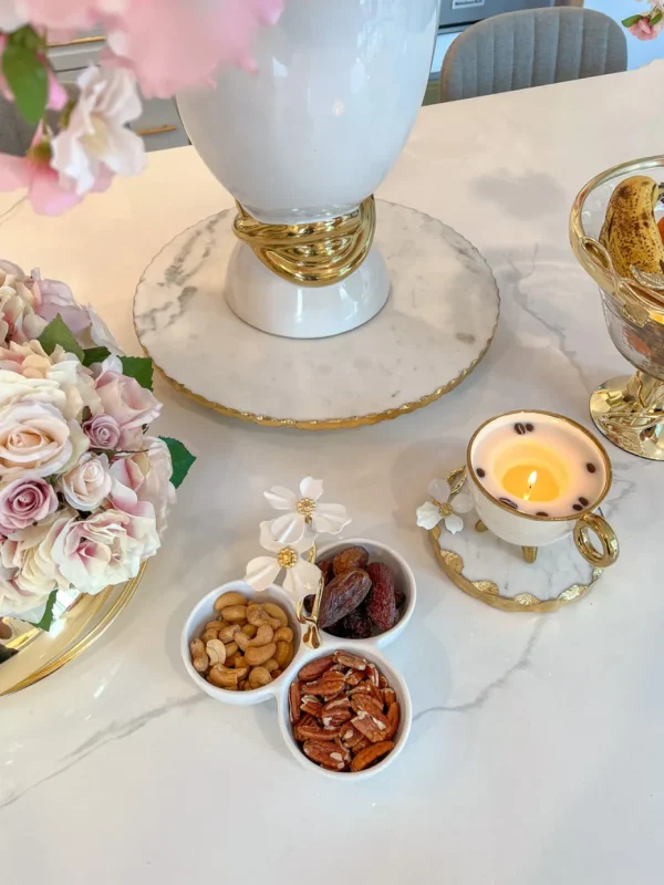 Inspire Me! Home Decor 3 Section Porcelain Dish With White Jeweled Flower Details Gold