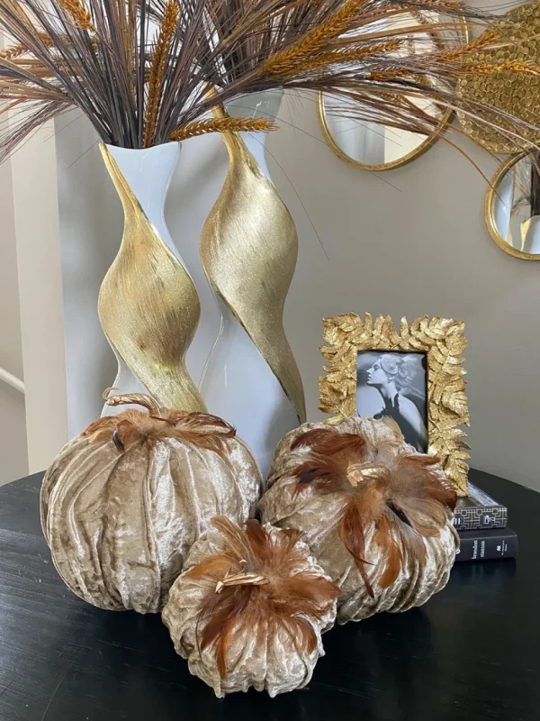 Inspire Me! Home Decor Beige Velvet Feather Pumpkins (3 Sizes) SEASONAL