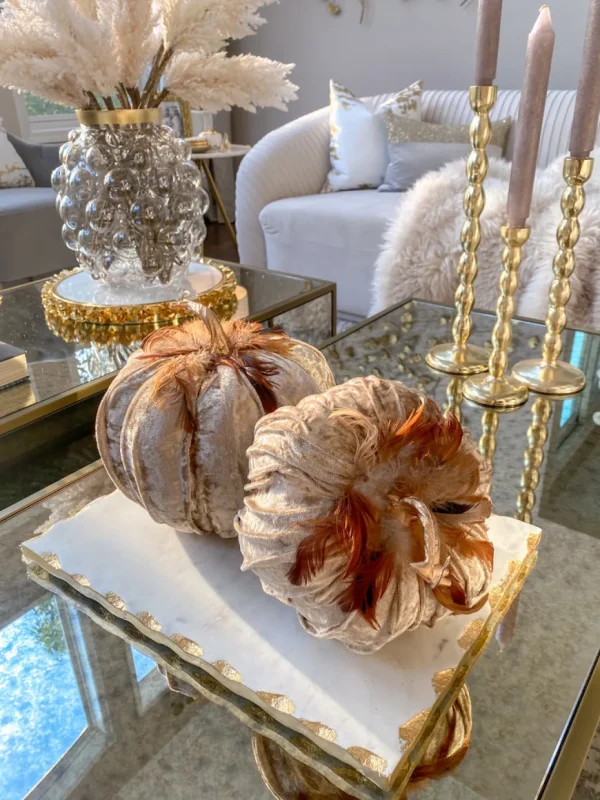 Inspire Me! Home Decor Beige Velvet Feather Pumpkins (3 Sizes) SEASONAL