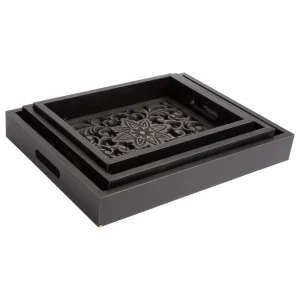 Inspire Me! Home Decor Black Wood Trays With Detailed Interior (Set Of 3)