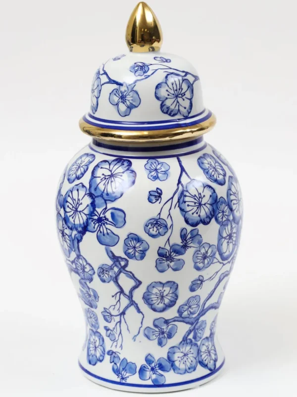 Inspire Me! Home Decor Blue Hibiscus Ginger Jar With Gold Detail