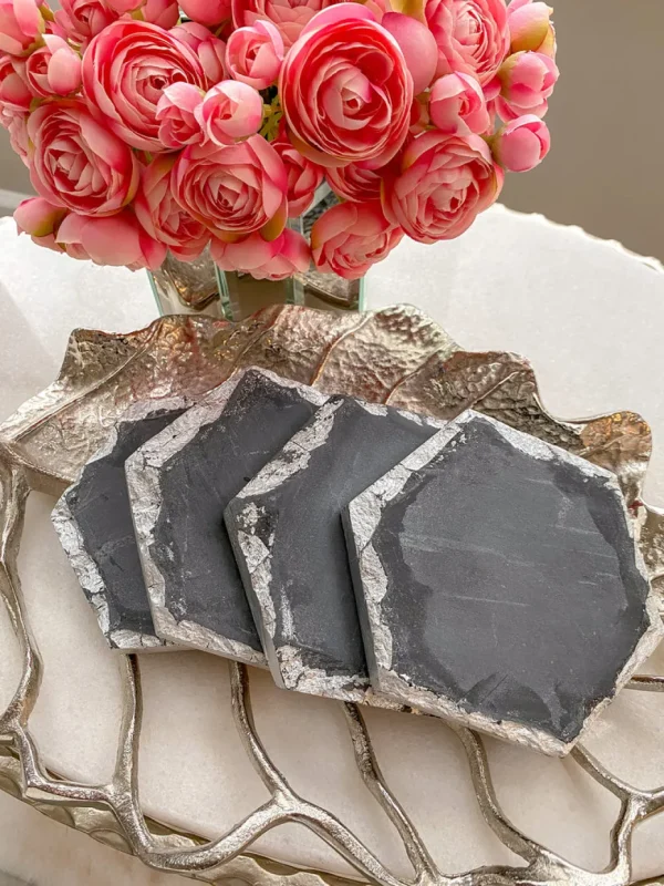 Inspire Me! Home Decor Charcoal Grey Marble Hexagon Coasters W/ Silver Edge