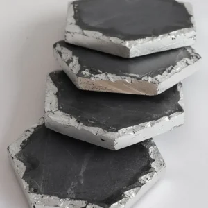 Inspire Me! Home Decor Charcoal Grey Marble Hexagon Coasters W/ Silver Edge