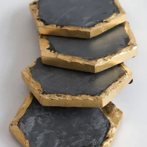 Inspire Me! Home Decor Charcoal Grey Marble Hexagon Coasters W/ Gold Edge