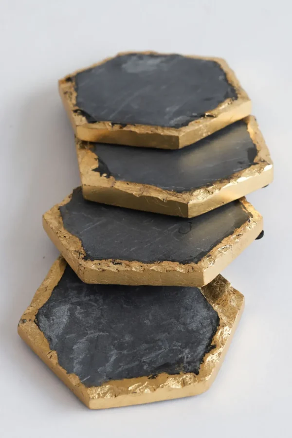 Inspire Me! Home Decor Charcoal Grey Marble Hexagon Coasters W/ Gold Edge