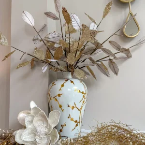 Inspire Me! Home Decor Floral Stems Gold And White Leaf Stem With Bead Detail