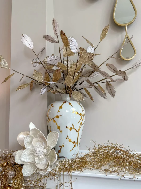 Inspire Me! Home Decor Floral Stems Gold And White Leaf Stem With Bead Detail