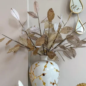 Inspire Me! Home Decor Floral Stems Gold And White Leaf Stem With Bead Detail