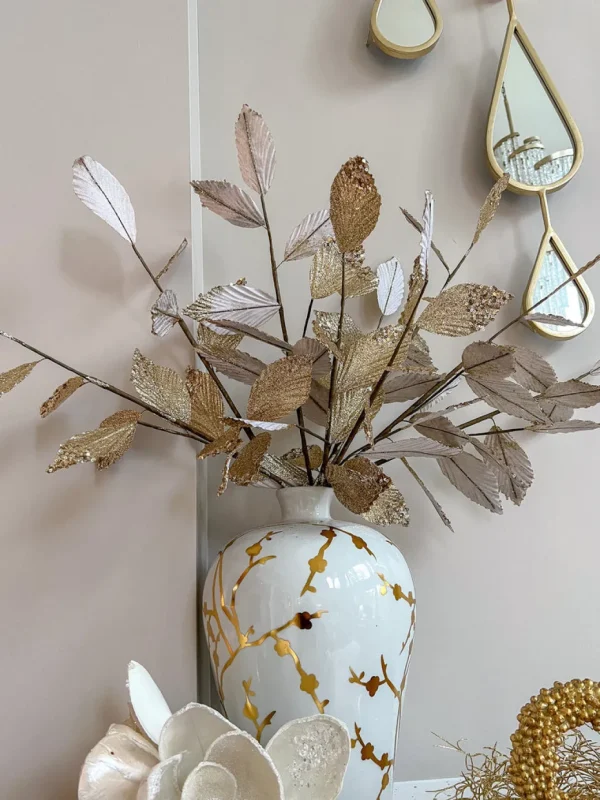 Inspire Me! Home Decor Floral Stems Gold And White Leaf Stem With Bead Detail