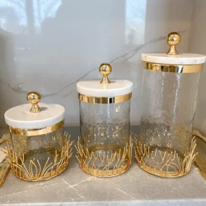 Inspire Me! Home Decor Glass Canister With Gold Branch Design And Marble And Gold Lid (3 Sizes)