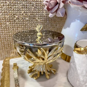 Inspire Me! Home Decor Glass Bowl On Gold Metal Branch Base With Lid