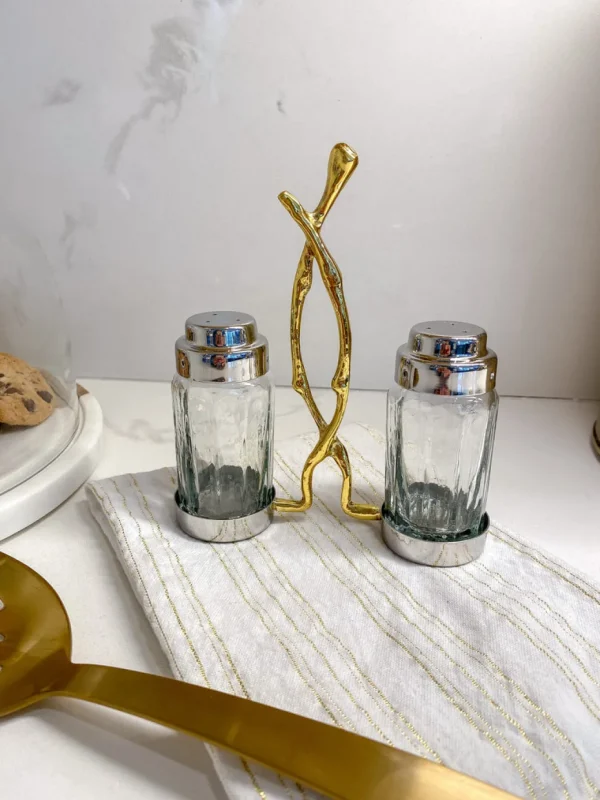 Inspire Me! Home Decor Glass Salt & Pepper Shakers W/ Gold Metal Branch Holder