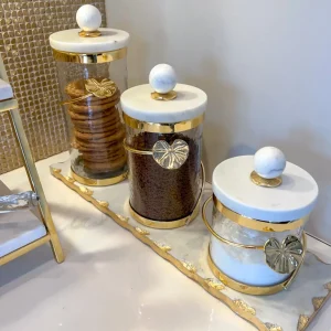 Inspire Me! Home Decor Glass Canister With Gold Leaf Design & Marble Lid (3 Sizes)