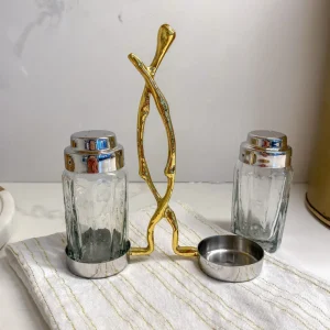 Inspire Me! Home Decor Glass Salt & Pepper Shakers W/ Gold Metal Branch Holder