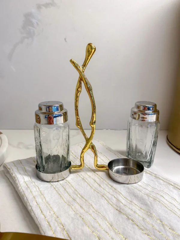 Inspire Me! Home Decor Glass Salt & Pepper Shakers W/ Gold Metal Branch Holder