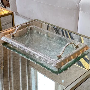 Inspire Me! Home Decor Glass Rectangle Tray With Silver Handles And Ruffled Edge