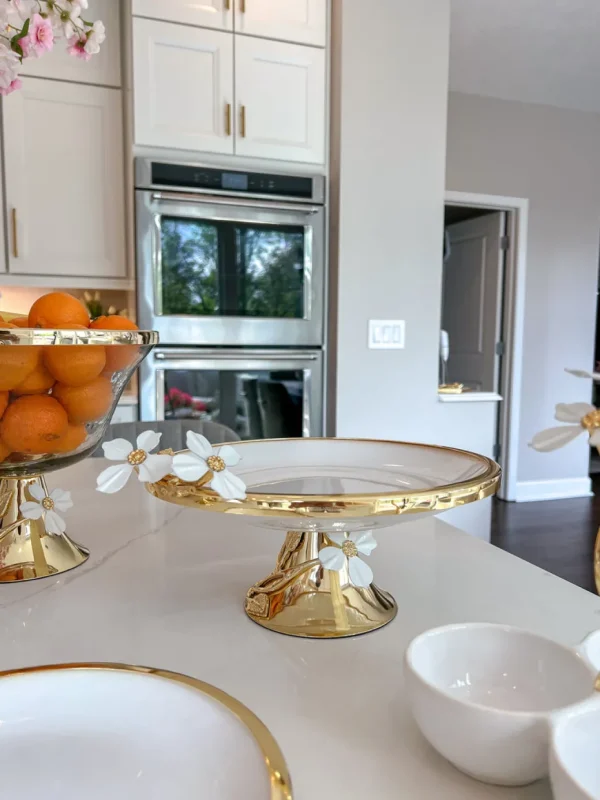 Inspire Me! Home Decor Gold And White Cake Stand With White Jeweled Flower Details