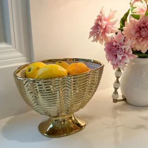 Inspire Me! Home Decor Gold Ceramic Ribbed Footed Bowl