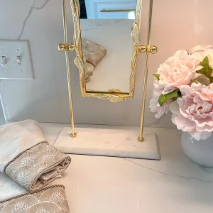 Inspire Me! Home Decor Gold Rectangle Table Mirror With Leaf Border Design And Marble Base