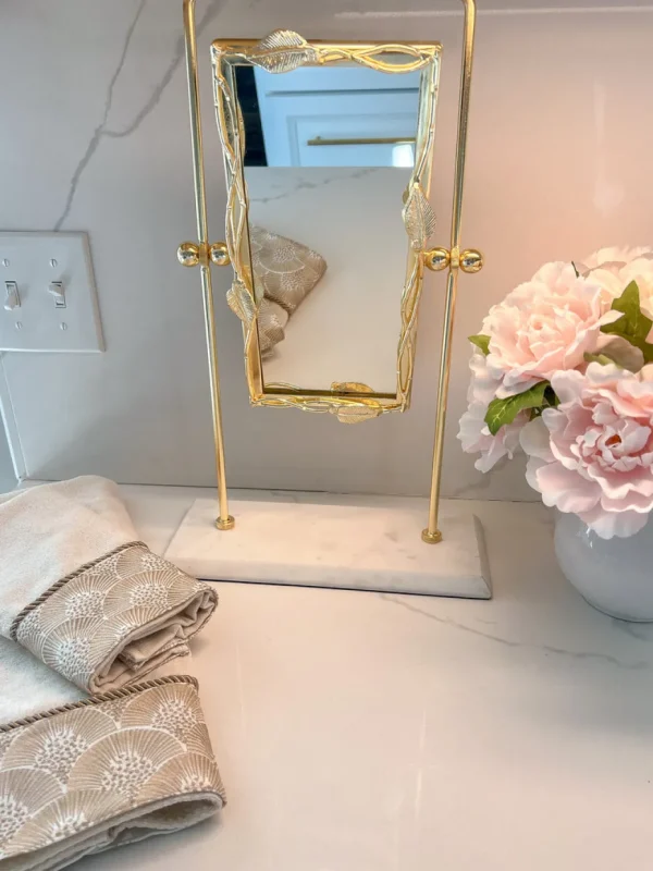 Inspire Me! Home Decor Gold Rectangle Table Mirror With Leaf Border Design And Marble Base