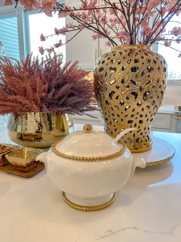 Inspire Me! Home Decor Gold And White Beaded Soup Tureen & Ladle