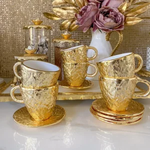 Inspire Me! Home Decor Gold Textured Metal Tea Cup And Saucer With White Interior