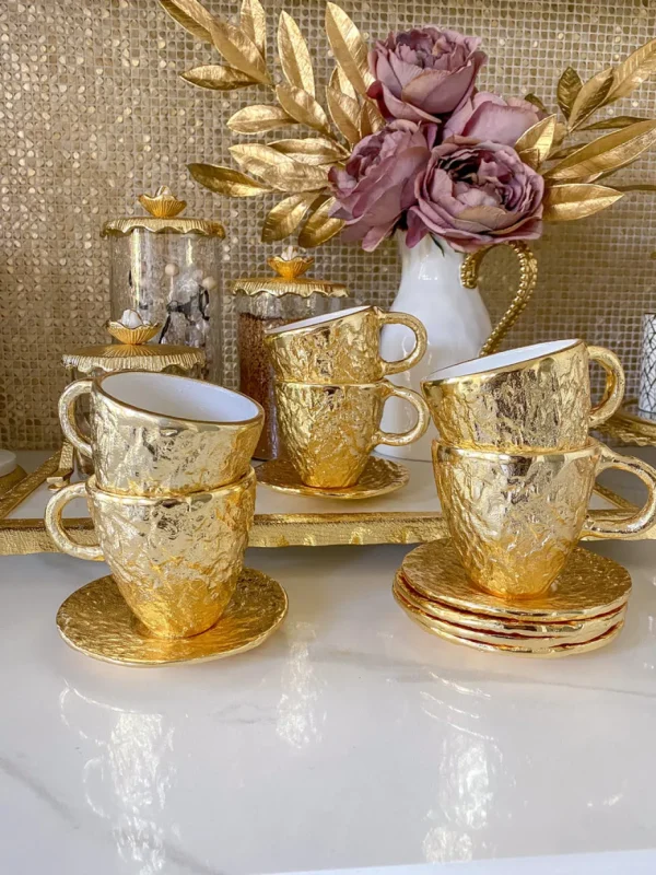 Inspire Me! Home Decor Gold Textured Metal Tea Cup And Saucer With White Interior