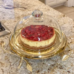 Inspire Me! Home Decor Gold Leaf Detailed Cake Plate W/ Textured Glass Dome