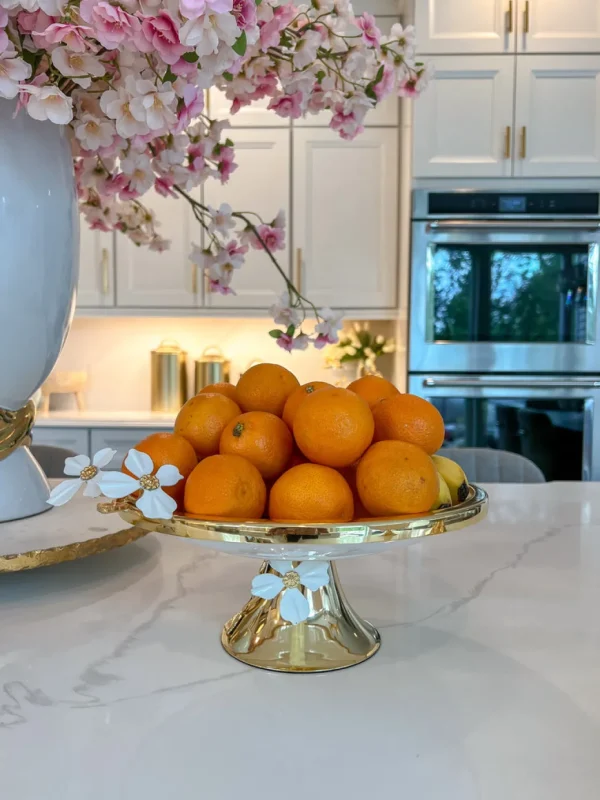 Inspire Me! Home Decor Gold And White Cake Stand With White Jeweled Flower Details