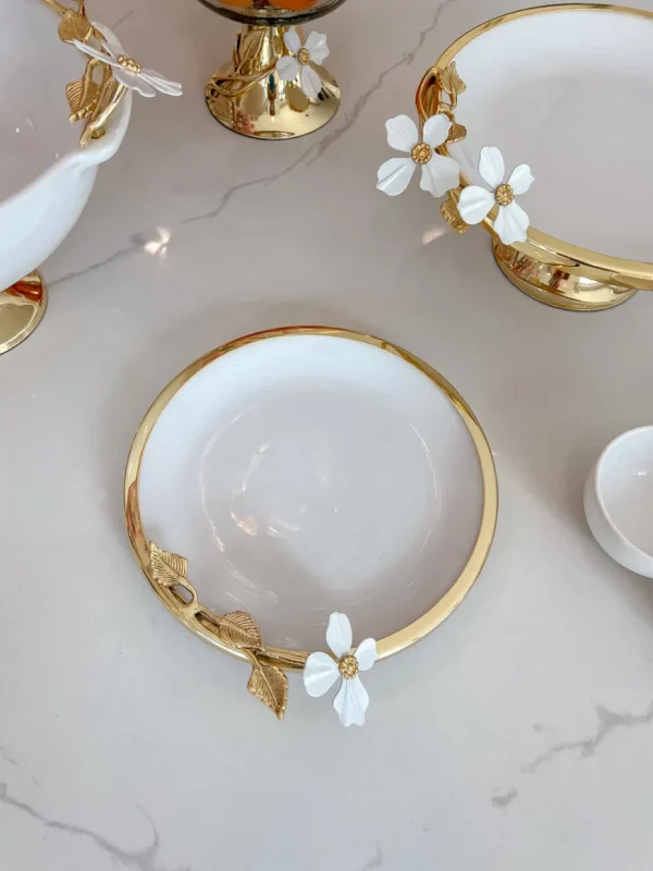 Inspire Me! Home Decor Gold And White Porcelain Plate With White Jeweled Flower Details