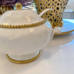 Inspire Me! Home Decor Gold And White Beaded Soup Tureen & Ladle