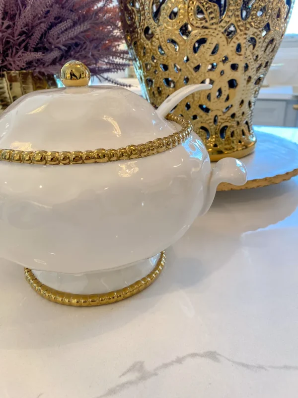 Inspire Me! Home Decor Gold And White Beaded Soup Tureen & Ladle