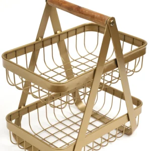 Inspire Me! Home Decor Gold Metal Two Tier Storage Basket With Wood Handle