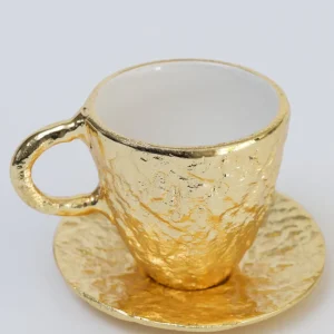 Inspire Me! Home Decor Gold Textured Metal Tea Cup And Saucer With White Interior