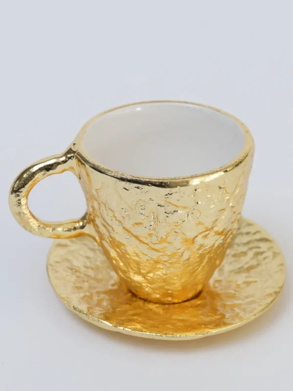 Inspire Me! Home Decor Gold Textured Metal Tea Cup And Saucer With White Interior