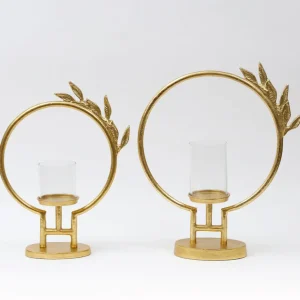 Inspire Me! Home Decor Golden Circle Leaf Design Hurricane Candle Holder (2 Sizes) ” From Pops Of Color Home Collection”