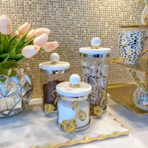 Inspire Me! Home Decor Gold Or Silver Metal Floral Glass Canisters With Marble Lid-With Metal Rim (3 Sizes) (2 Colors)