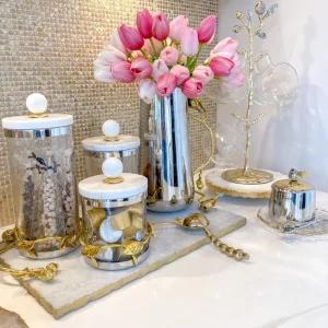 Inspire Me! Home Decor Gold Or Silver Metal Leaf Branch W/ Marble Ball Lid Canisters- With Metal Rim (3 Sizes & 2 Colors)