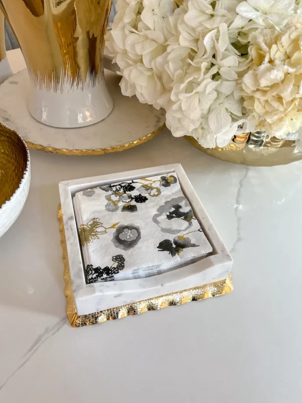 Inspire Me! Home Decor Gold White Marble Napkin Holder/Tray With Ruffled Border