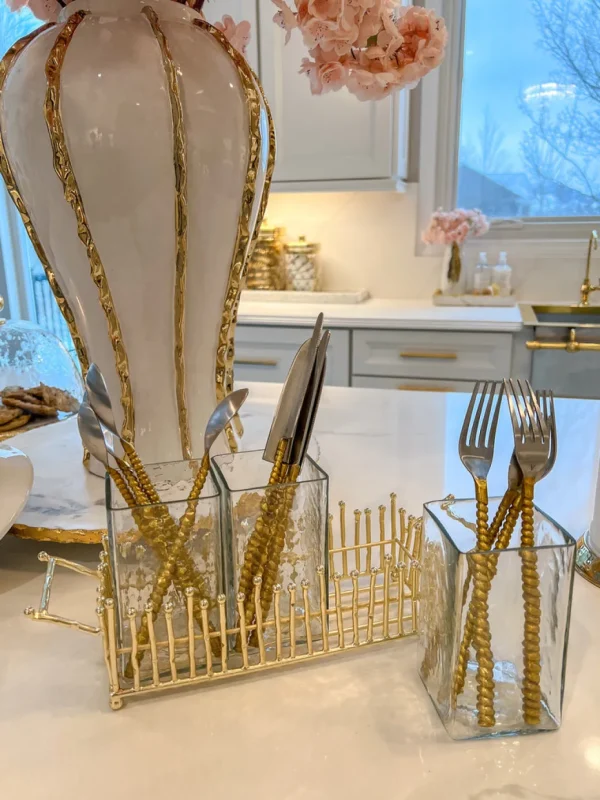 Inspire Me! Home Decor Gold & Glass Utensil Holder With Gold Linear Details