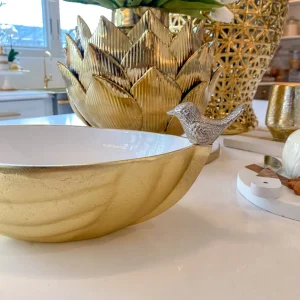 Inspire Me! Home Decor Gold Metal Bird Bowl With White Enameled