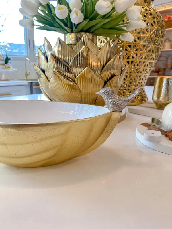 Inspire Me! Home Decor Gold Metal Bird Bowl With White Enameled