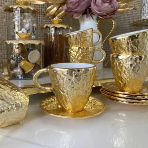 Inspire Me! Home Decor Gold Textured Metal Tea Cup And Saucer With White Interior