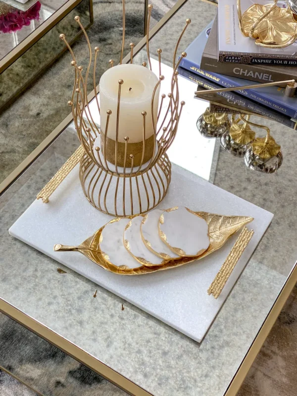 Inspire Me! Home Decor Gold Metal And Marble Hurricane Candle Holder