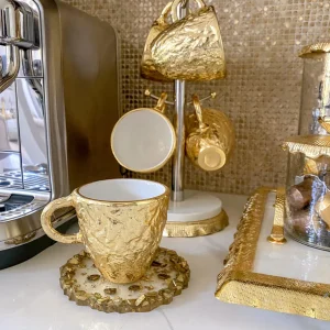 Inspire Me! Home Decor Gold Textured Metal Tea Cup And Saucer With White Interior