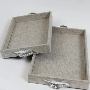 Inspire Me! Home Decor Grey Textile Tray With Silver Leaf Handle (2 Sizes)